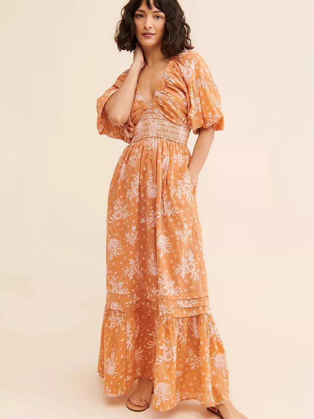 Free People Golden Hour Maxi Dress XL Orange & White Floral